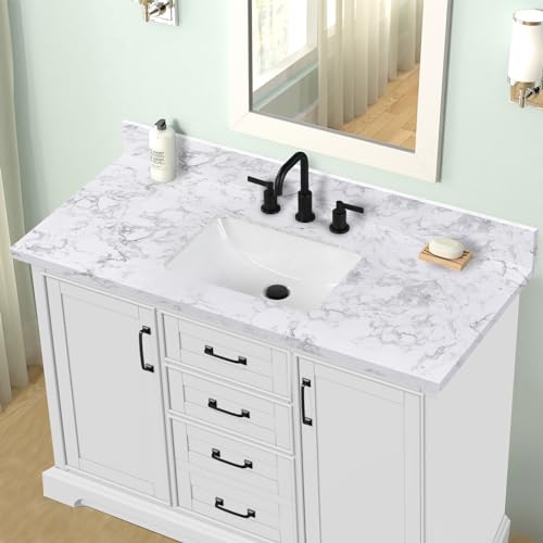 LOCALAND 48x22 Inch Bathroom Vanity Tops,White Engineered Stone Vanity Top with Sink,with Middle Sink,Vanity Countertop 8 Inch Faucet 3 Hole Spread with Backsplash(Not included Faucet)