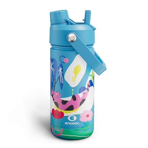 Image of Kids Insualated Water Bottle with Straw,18oz Stainless Steel Water Bottle with Dual Spouts, Leak-Proof,BPA-Free,Double Wall Vacuum Keeps Cold for 24 Hours for Sports,Travel,School (Flower Cat)