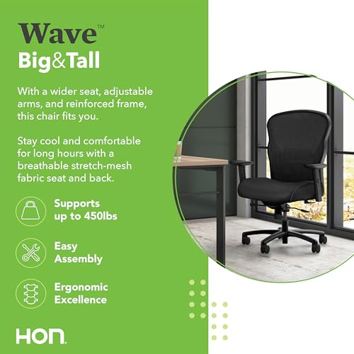 Image of HON Wave Big and Tall Ergonomic Mesh Office Chair with Adjustable Arms and Lumbar Support, Heavy‑Duty Tilt Recline and Swivel Wheels, Desk and Computer Chair for Home Office, 450 lb. Capacity, Black