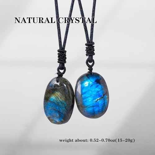 Natural Labradorite Pendant Necklace Healing Crystal Moonstone Polished Stone Pendant with Hand-Woven Rope for Unisex2