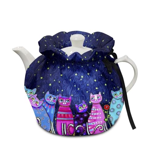 Xoenoiee Cute Cat Starry Night Print Tea Cozy Cotton Tea Cosy for Teapots Keep Warm Teapot Cover Insulated Kettle Cover for Home Kitchen Table Decor