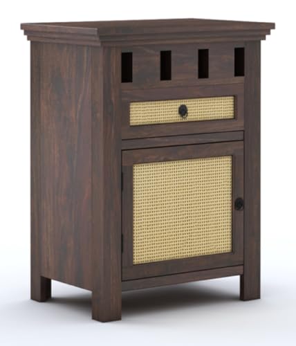Image of Sheesham Wood Bedside Table for Bedroom Living Room Home Office with 1 Drawer and Cabinet Storage Solid Wood Table Furniture | End Table | Nightstand | Sofa Side Table (Walnut Finish)