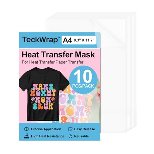TECKWRAP Maschera a trasferimento termico per carta a trasferimento termico per magliette, 10 pezzi, A4 (210 x 297 mm), pellicola trasparente per trasferimento di calore in vinile stampabile HTV