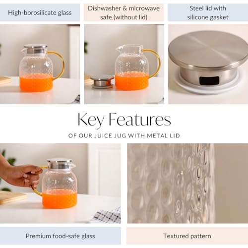 Image of Nestasia Transparent Glass Jug with Steel Lid (1100 ml) - Dishwasher & Microwave Safe Carafe with Dual Opening Strainer Lid - Oval Textured Glass Pitcher for Water, Juice, Hot & Cold Beverages