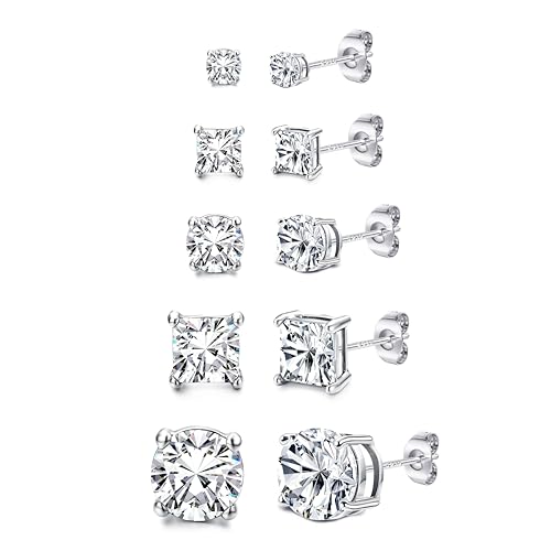 Dochais 5 Paia Set di Orecchini in Argento 925, Orecchini a Bottone con Diamanti, Orecchini con Zirconi Cubici Quadrati Rotondi, Orecchini a Bottone Ipoallergenici per Donna Uomo 3, 4, 5, 6, 8 mm