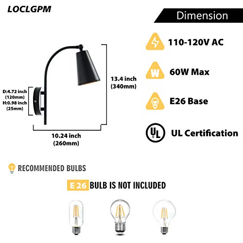 Loclgpm Industrial Black Wall Sconce, Modern Metal Adjustable Vanity Wall Lamp, Retro Vintage Wall Light for Bedroom Bedside, Living Room, Bathroom, Farmhouse, Hallway - Thumbnail 3