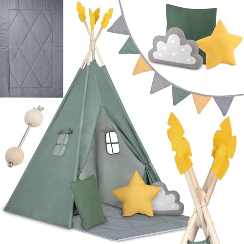 Nukido - Spielzelt für Kinder - Teepee - Spielhaus - mit Holzrahmen, Halterung und Baumwollbezug - Großes Set - mit Kissen, weicher Spielmatte, Fensterrollo, Girlande - Faltbar - Grün