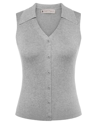 Image of Belle Poque Women's Button Down Tank Tops Summer Ribbed Vest Top Sleeveless V Neck Collared Vest Shirt Slim Fit Going Out Top
