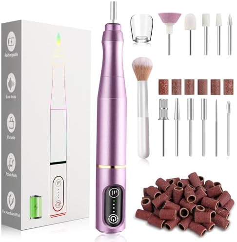 Cordless Nail Drill Electric Nail File Kit, Rechargeable Efile Set, Portable Acrylic Gel Nail Polish Remover Machine, Pedicure Manicure Tool, 11 Bits, 56 Sanding Bands, Salon Home, Purple