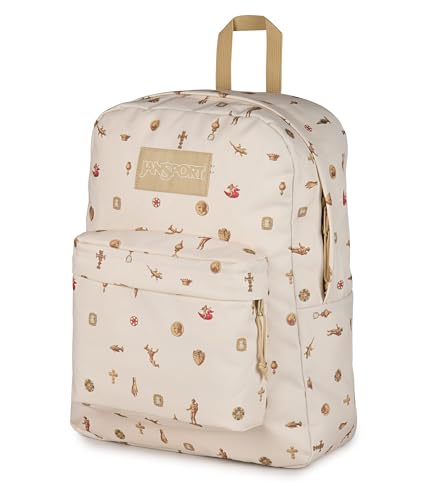 Image of JanSport SuperBreak Plus Backpack with Padded 15-inch Laptop Sleeve and Integrated Bottle Pocket - Spacious and Durable Daypack for Work and Travel, Gilded Relics Moon Flower /Gold
