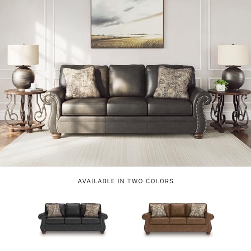 Image of Signature Design by Ashley Chatterton Faux Leather Couch, Black /Granite Traditional Sofa with Nailhead Trim, Wood and Engineered Wood Frame, 92 Inches