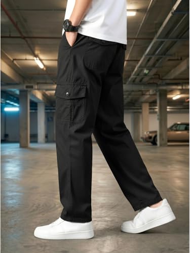 Image of Men's Cargo Trousers-100% Premium Cotton Regular Fit Lightweight Breathable Elastic Waist Multi-Pocket Casual Utility Pants