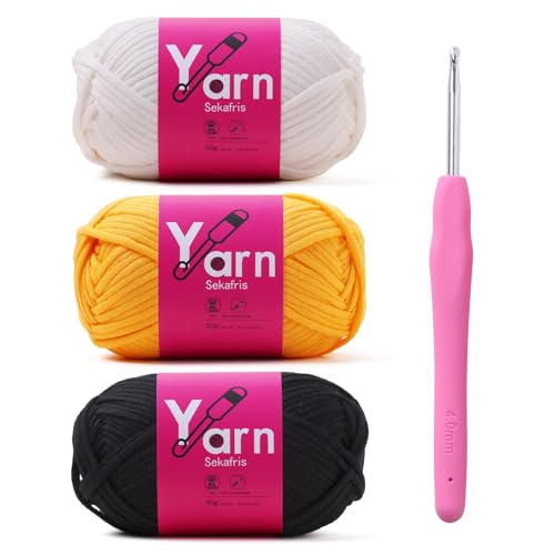 Image of Crochet Yarn 150g /163.5yds Cotton Yarn for Crocheting & Knitting - Chunky Cotton-Nylon Blend (Black+White+Golden Yellow)