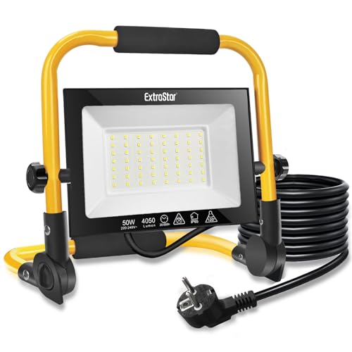 EXTRASTAR Faretto Led da Cantiere, 50W/4050Lm/IP65 Fari Led da Esterno Con Spina e Staffa Pieghevole, Rotazione 360°, Lampada da Lavoro per Edilizia, Officina, Campeggio, Garage