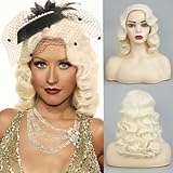 Amnenl Blonde Finger Wave Wigs for Women Long Curly 1920s Side Part Natural Synthetic Fiber Hair Costume Vintage Wig(Light Blonde)