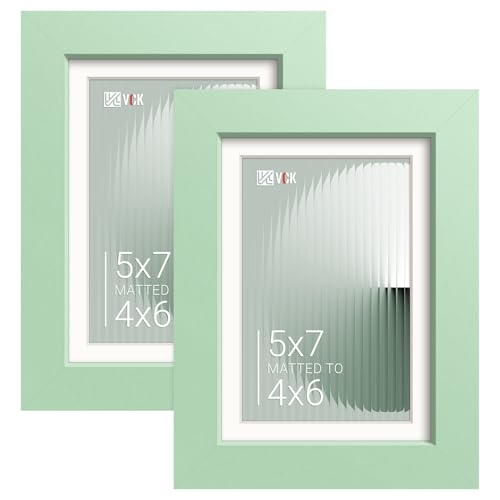 Image of VCK 5x7 Picture Frame 2 Pack, Green Wood, 4x6 Mat, Glass, for Photo Print
