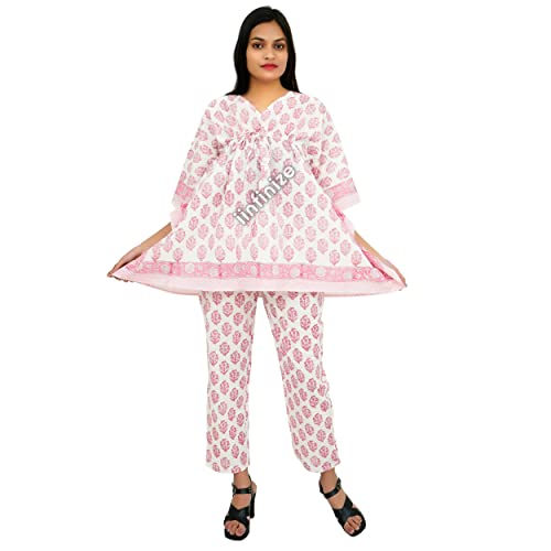 iinfinize Chemise de nuit imprimée à la main en coton pour femme - Robe de yoga vintage à col en V - Ensemble de pyjama kurta bohème - Pour femmes indiennes - Taille XXL - Rose clair, rose clair, XXL Cover