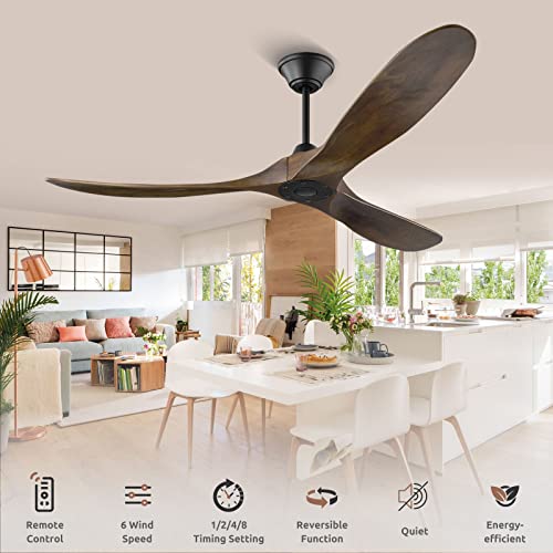 52 Inch Outdoor Ceiling Fan Without Light, 3 Blade Natural Wood Ceiling Fan No Light With Remote, Outdoor Ceiling Fans For Patios Outside Exterior Farmhouse, Quiet Reversible Dc Motor Ceiling Fan #TOP4