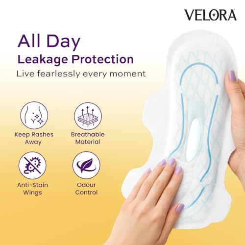 Image of Velora Ultra Thin Trifold Sanitary Pads for Women and Girls, 2X Absorption, Skin Friendly, Heavy Flow, Double Flaps, Cotton-y Soft, Wider Back Sanitary Napkins, 320mm Size, 30 Pads