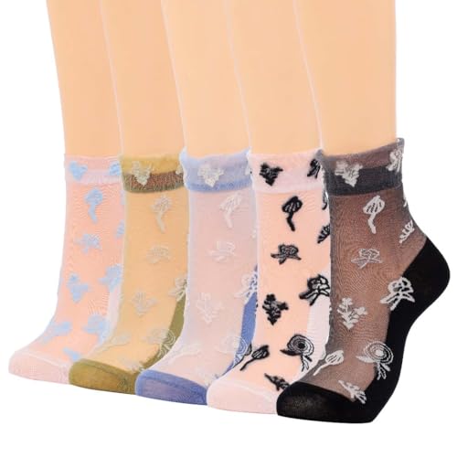 Image of Campsis Sheer Socks Flower Lace Sock Ruffle Sheer Ankle Socks Floral Nylon Sock for Women and Girls(5 Pairs)