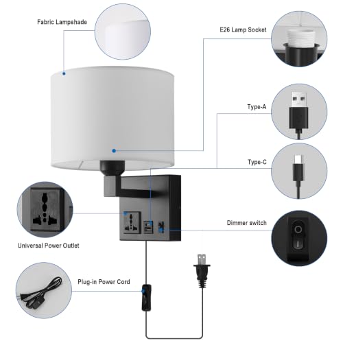 Image of Plug in Wall Sconce, Wall Lamp with Black Base Cylindrical Shape | Wall Lamps for Bedroom Living Room Hotel, Dimmable 1pcs Bulb Included, Bedside Lamp with AC Outlet & USBA+C Charging Port