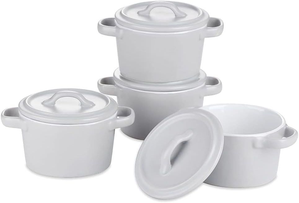 4-Piece 300ML Small Ceramic Ramekins Baking Plate Dish with Lid,Mini Round Porcelain Casserole Souffle Set