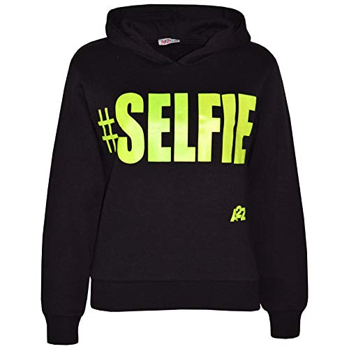 Sweatshirt Tops Designer Noir & Néon Vert Enfants Filles Garçons Désinvolte #Selfie Hoodie