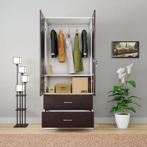 Image of VIKI Wardrobe | Wooden Almirah for Clothes,Door for Bedroom, 2 Door Wardrobe with Drawer & Hanging Space (White & Wenge - 40D x 80W x 180H) | 1 Year Warranty | Free Assebly