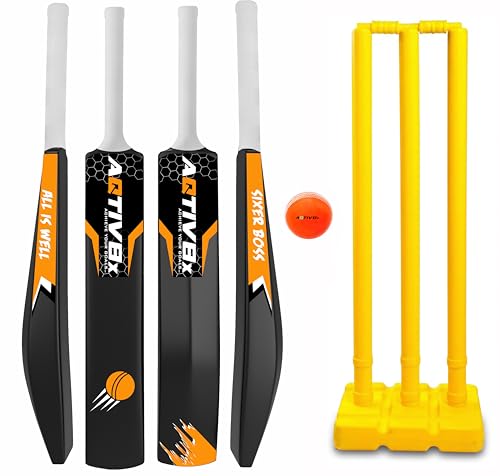 Image of Cricket Set with Golden Plastic Bat for Outdoor Sports Tournament, Gully Matches & Practices, Hard Plastic Cricket Kit for Men, Women, Boys & Girls