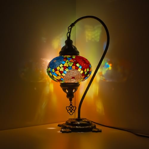 MOSLAND HOME Turkish Mosaic Table Lamp | Moroccan-Style with Bronze Base | Handmade Swan Neck Tiffany Night Light | Glass Bedside Lamp with LED Bulb