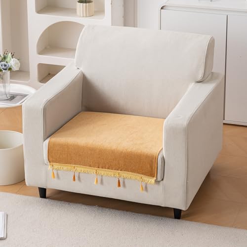 Image of HOKIPO 'Serenity Tassel' Chenille 1 Seater Sofa Cover with Tassel - Sunlit Amber (IN-890-GLD)