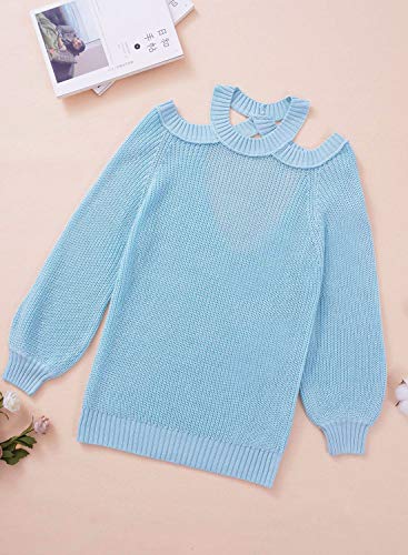 FARYSAYS Women's Autumn Winter Cold Shoulder Sweater Long Sleeve Back Cut Out Casual Loose Knitted Pullover Sweater Tops Blue Small