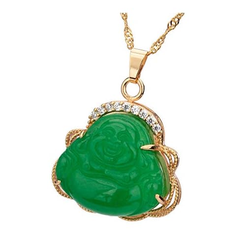 Prime Feng Shui Jade Laughing Buddha Pendant Necklace Golden Bead/Water Wave Chain Amulet Gift Attract Good Luck(Water Wave Chain) Cover
