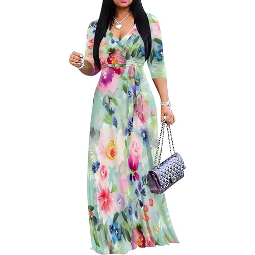 Image of PinkPatty Women's Print Maxi Dresses 3 /4 Sleeve Flowy Long Dress V Neck Wrap Tie Waist Sundress