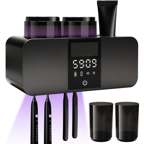 PQHIQ Toothbrush Sanitizer and Holder, UV Toothbrush Sanitizer Holders for Bathroom with 4 Slot, Timer Function, Rechargeable Toothbrushes Cleaner Holder Wall Mounted Without Drilling