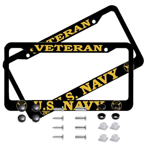 2 PCS for US Navy Veteran License Plate Frames Matte Black Aluminum License Plate Holder for USN License Plate Protection with Screw Set
