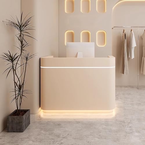 BK&MF Modern Front Counter Table with Drawer Storage,Small White Reception Desk with Storage and LED Lights Reception Room Tables for Checkout, Lobby,C,140x60x100cm(55x24x39inch)