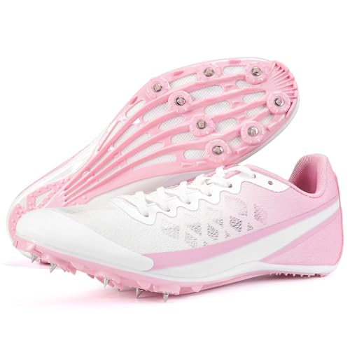 Zakey Mens Track and Field Shoes Women Kids Professional Spikes Racing Sneakers Girls Light Weight Running Nail Spikes Shoes Boys (WhitePink,5.5)