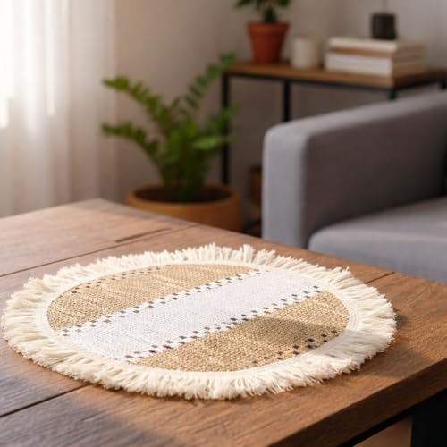 Image of HomeCloud Croshia Woven Table placemat - Heat Resistant, Washable Table Decoration for Dining, Office, Kitchen, Hotel, and Home (Round Beige White, Set of 2)