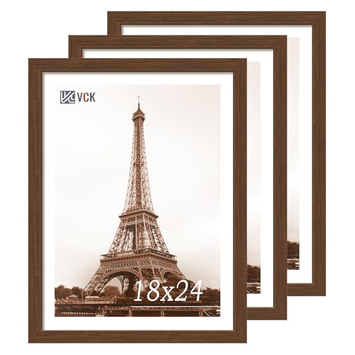 Image of VCK 18x24 Poster Frame Solid Wood Brown 3 Pack Picture Frames 18 x 24 Inches with Wall Mounting Hanging