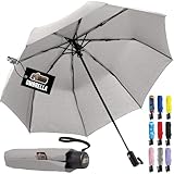 GORILLA GRIP Strong Windproof Stick Compact Umbrella for Rain, One-Click Automatic Open and Close, Durable Quick Dry Waterproof Material, Lightweight and Portable, Travel Size Fits Backpack, Gray