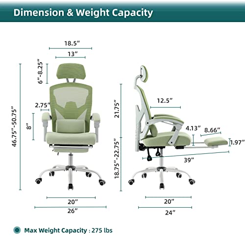 Image of DUMOS Office Desk Computer Chair with Footrest, Ergonomic Mesh Swivel Gaming Chair with Rolling Wheels, Comfortable Headrest, Lumbar Support, Comfy for Home, Office, Task, Student, Elegant Green