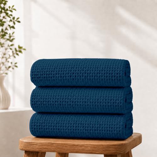 Image of Pure Cotton Waffle Towel | Lightweight | Anti Microbial and Water Absorbent | Soft Touch Quick Drying Bath Towel (Navy Blue, Pack of 1)