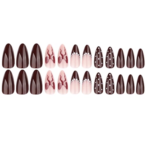 Image of Secret Lives Acrylic Press on Nails Reusable Artificial Designer Fake Nails Extension Brown White dot 24 Pieces Set with Kit