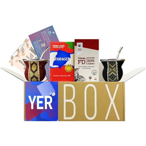 YERBOX Ensemble de Thé Yerba Mate : Taragui Traditionnel 250g + Fede Rico Potente 250g | 2x Gourdes en Verre - Motif Woop | 2x Bombillas en Acier Inoxydable | Brosse de Nettoyage
