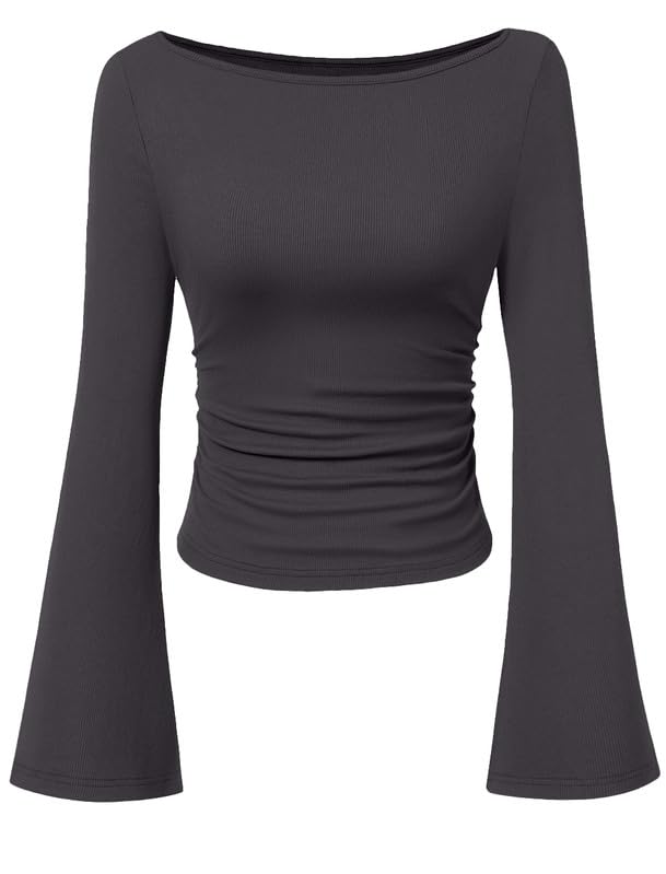 Elegancka damska koszulka z długim rękawem, dekolt w łódkę, z rękawami z dzwoneczkami, wąski top Y2K, basic, luźny sweter, slim fit, długi rękaw, jednokolorowa, z długim rękawem, na jesień