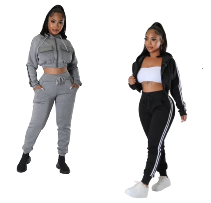 Women's Casusal Two Peice Tracksuit Set With Stripes, Crop Jacket, Ankle Control, Drawstring Pants3