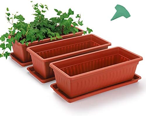 GROWNEER 3 Packs 15 Inches Terracotta Color Flower Window Box Plastic Vegetable Planters with 15 Pcs Plant Labels, for Windowsill, Patio, Garden, Home Décor, Porch