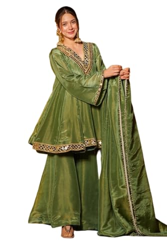 The Red Lion Enterprise Women Embroidered Chinon Silk Top Dhoti Dupatta Set Cream Ethnic Festive Wear Kurti Tunic Set Punjabi Dress (US, Alpha, Large, Regular, Regular, Mehendi)