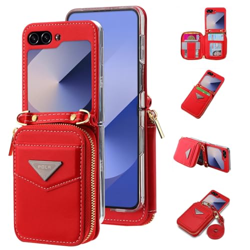 for Samsung Galaxy Z Flip 6/Flip 7 FE Luxurious Leather Zipper Wallet Case Offers 6 Card Slots, with Wrist Strap and Adjustable Shoulder Strap Like a Mini Backpack.(Red) Red Galaxy Z Flip 6/